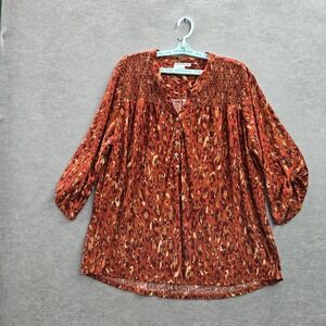 Notations Woman Women Blouse 3X Orange Animal Print Button Smocked V-Neck Tunic